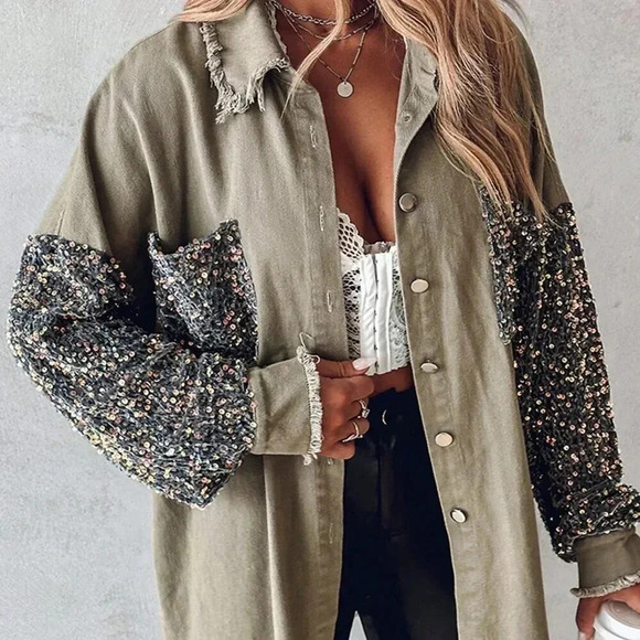 Khaki Party Women's Turn-Down Collar Contrast Sequin Raw Hem Button Down Shacket - Picture 1 of 5